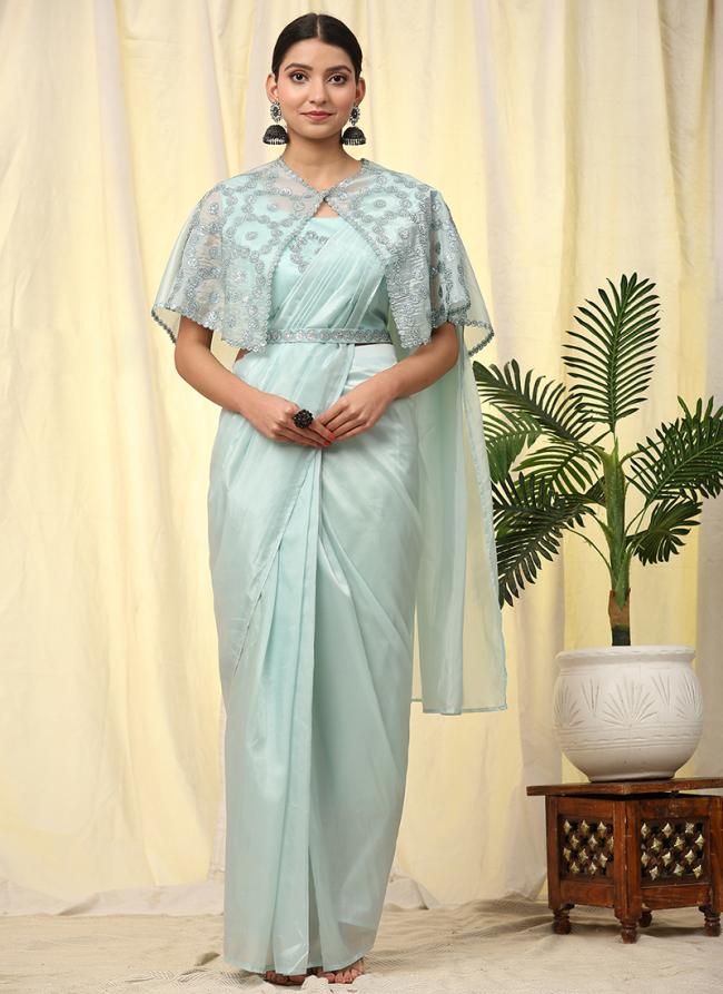 Imported Satin Sky Blue Party Wear Embroidery Work Readymade Saree